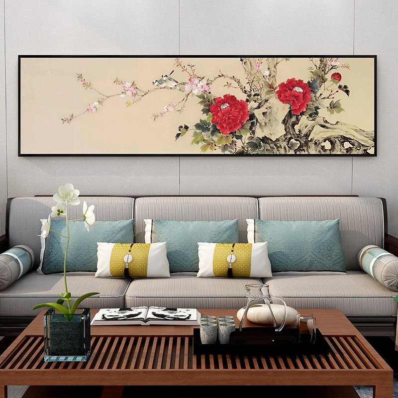 手绘中式国画风格喜鹊牡丹花鸟油画客厅茶室横长条挂画床头装饰画图片