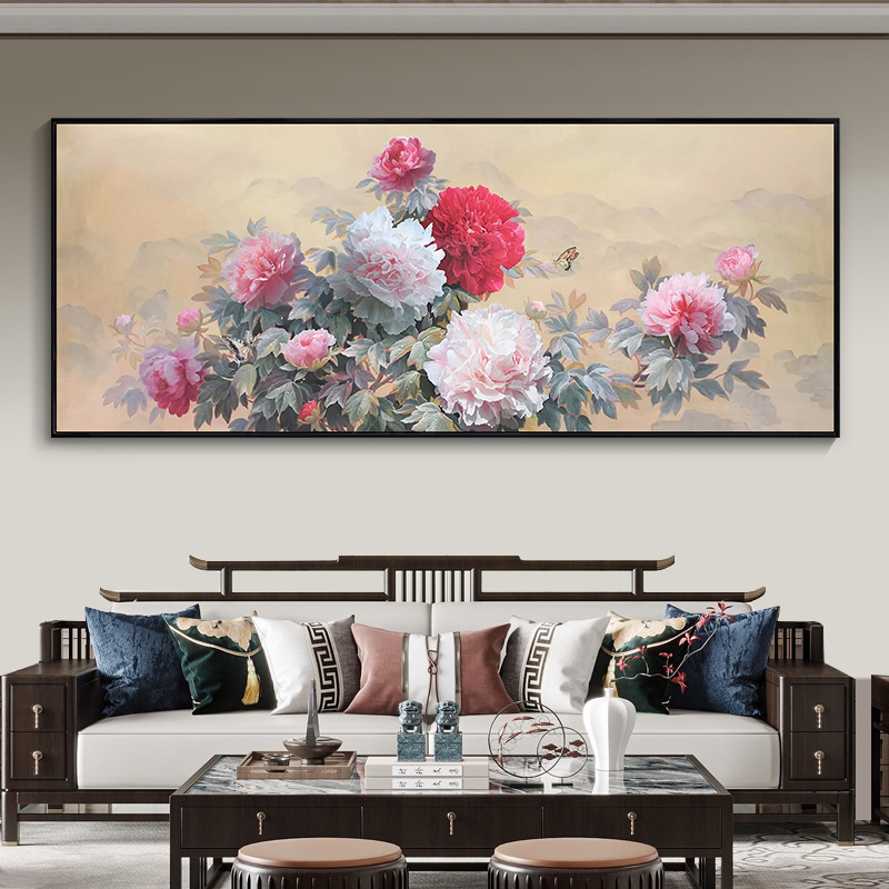 花开富贵牡丹花手绘油画新中式客厅沙发装饰画餐厅卧室床头横挂画图片