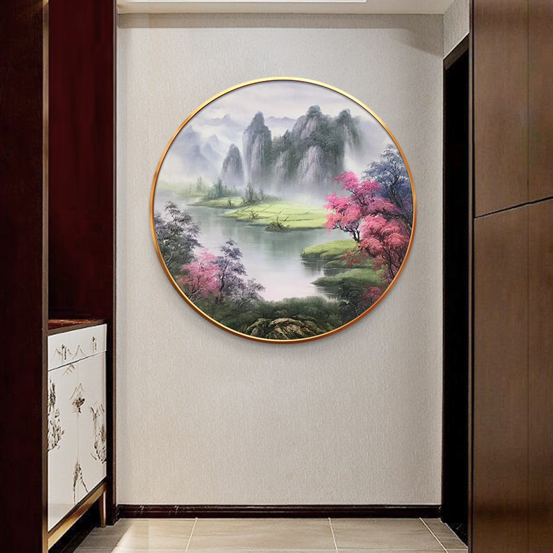 手绘油画田园风光招财山水风景圆形画入门玄关餐厅卧室温馨装饰画图片