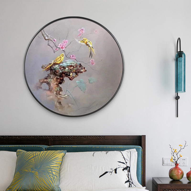 真手绘新中式花鸟圆形画入门玄关客厅餐厅卧室床头装饰画油画定制图片