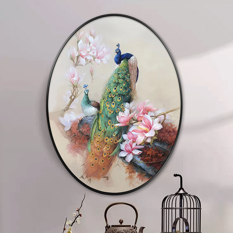孔雀玄关装饰画现代简约入户走廊过道美式轻奢客厅椭圆形油画手绘图片