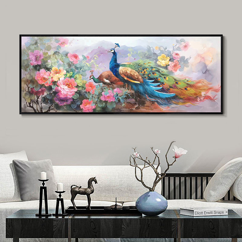 富贵牡丹吉祥孔雀手绘花鸟油画客厅沙发横挂画玄关餐厅酒店装饰画图片