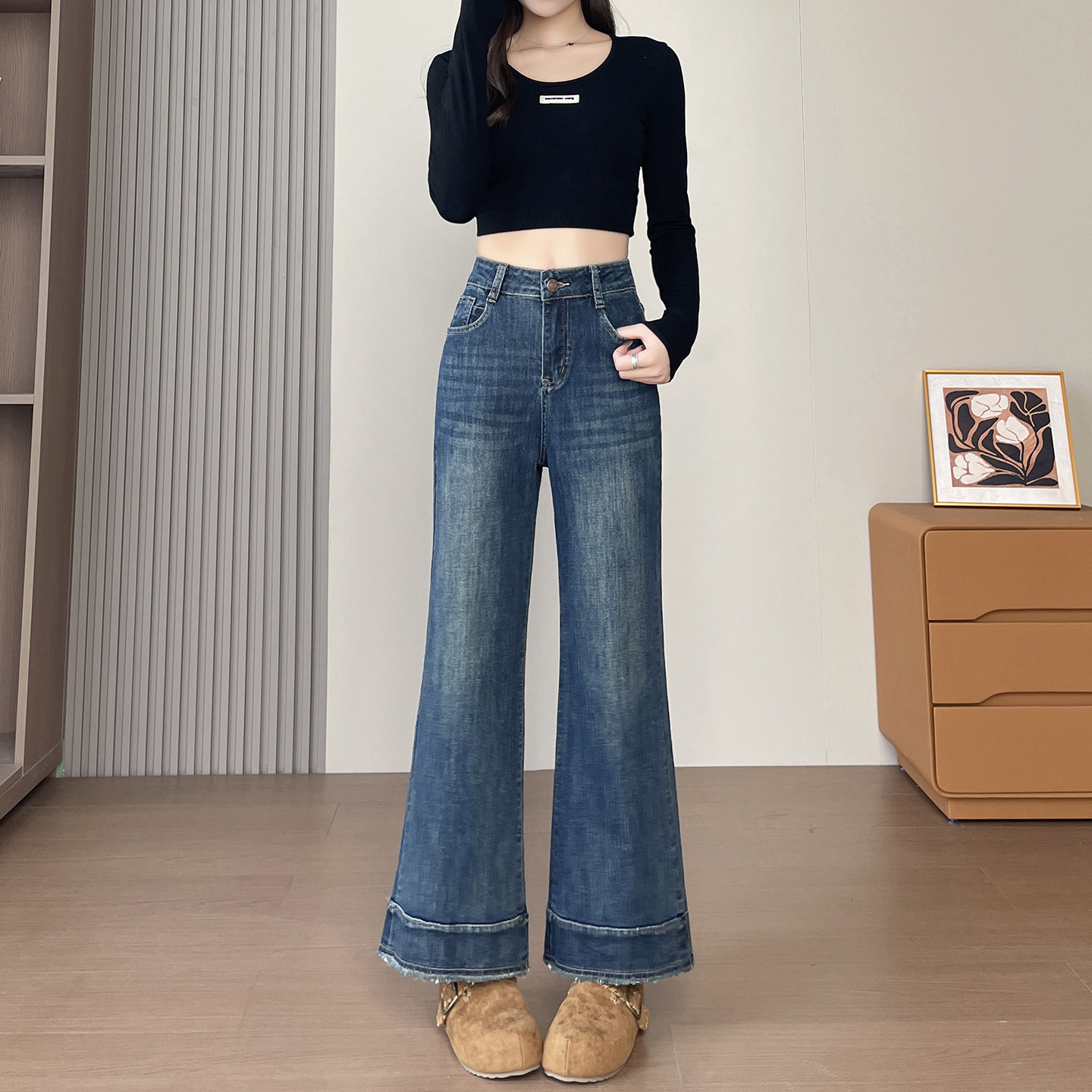 显瘦穿搭矮小个子复古喇叭牛仔裤150CM显高高腰宽松阔腿微喇裤女
