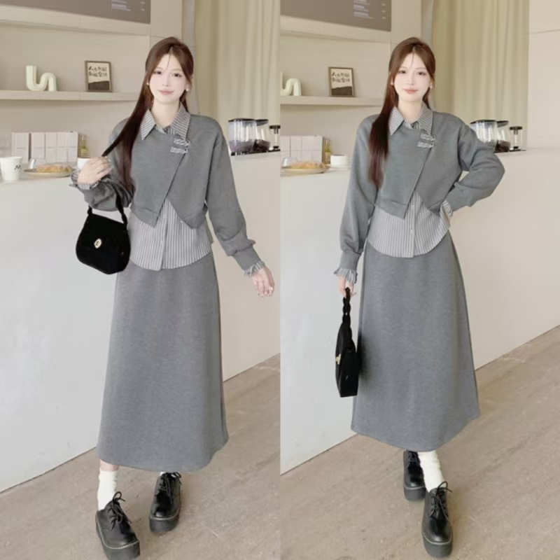 2025新款150小个子145灰色韩系设计感假两件卫衣半身裙两件套装女