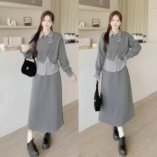 2025新款150小个子145灰色韩系设计感假两件卫衣半身裙两件套装女