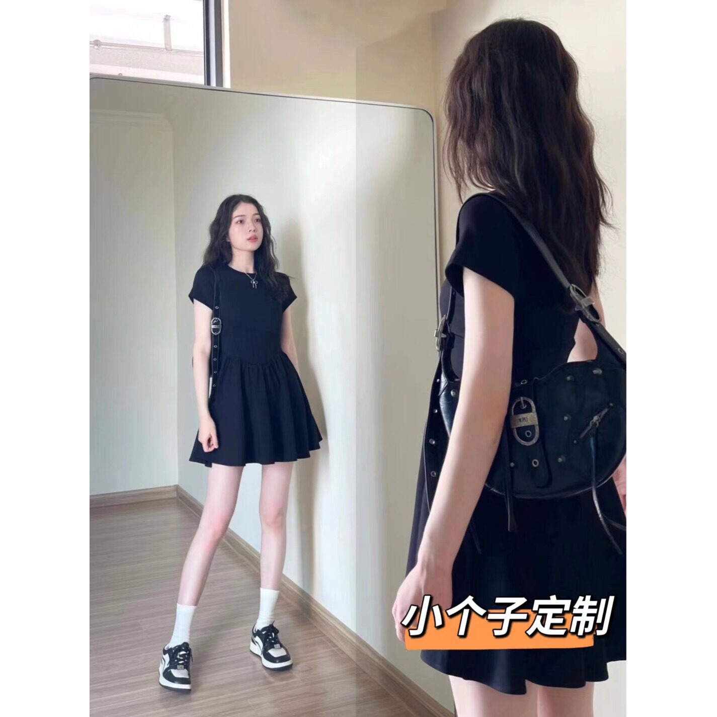 小矮个子显高搭配150法式浪漫复古黑色简约短袖连衣裙短裙女xs夏