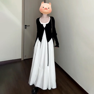 小个子150穿搭套装白色吊带连衣裙黑色开衫上衣挂脖长裙两件套xs