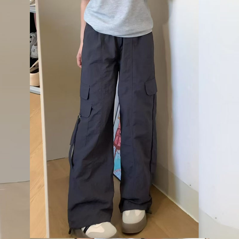 150cm小个子高腰灰色工装裤女夏季阔腿宽松休闲显瘦美式运动裤XXS