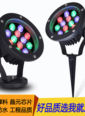 led大功率投光灯户外防水铝材外墙射灯照树灯七彩圆形草坪插地灯