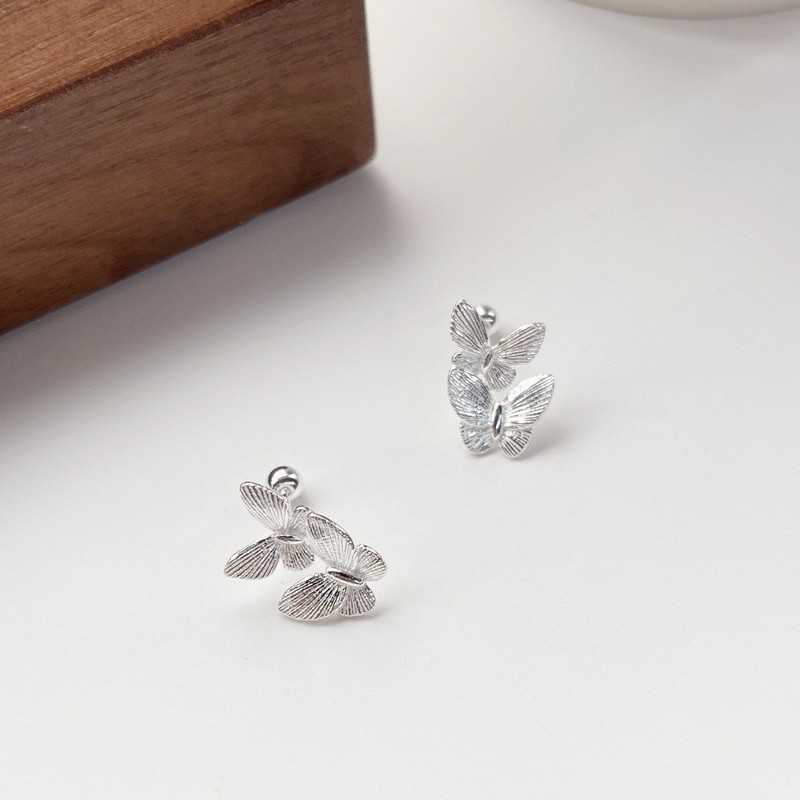 S999足银森系仙气双蝴蝶耳钉女小众气质设计轻奢耳环螺丝拧扣耳饰