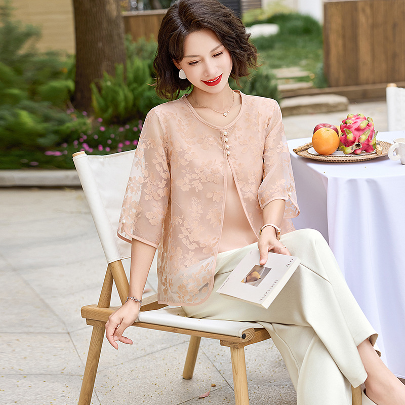 中年妈妈夏装七分袖衬衣套装2025新款洋气质中老年女装小衫两件套