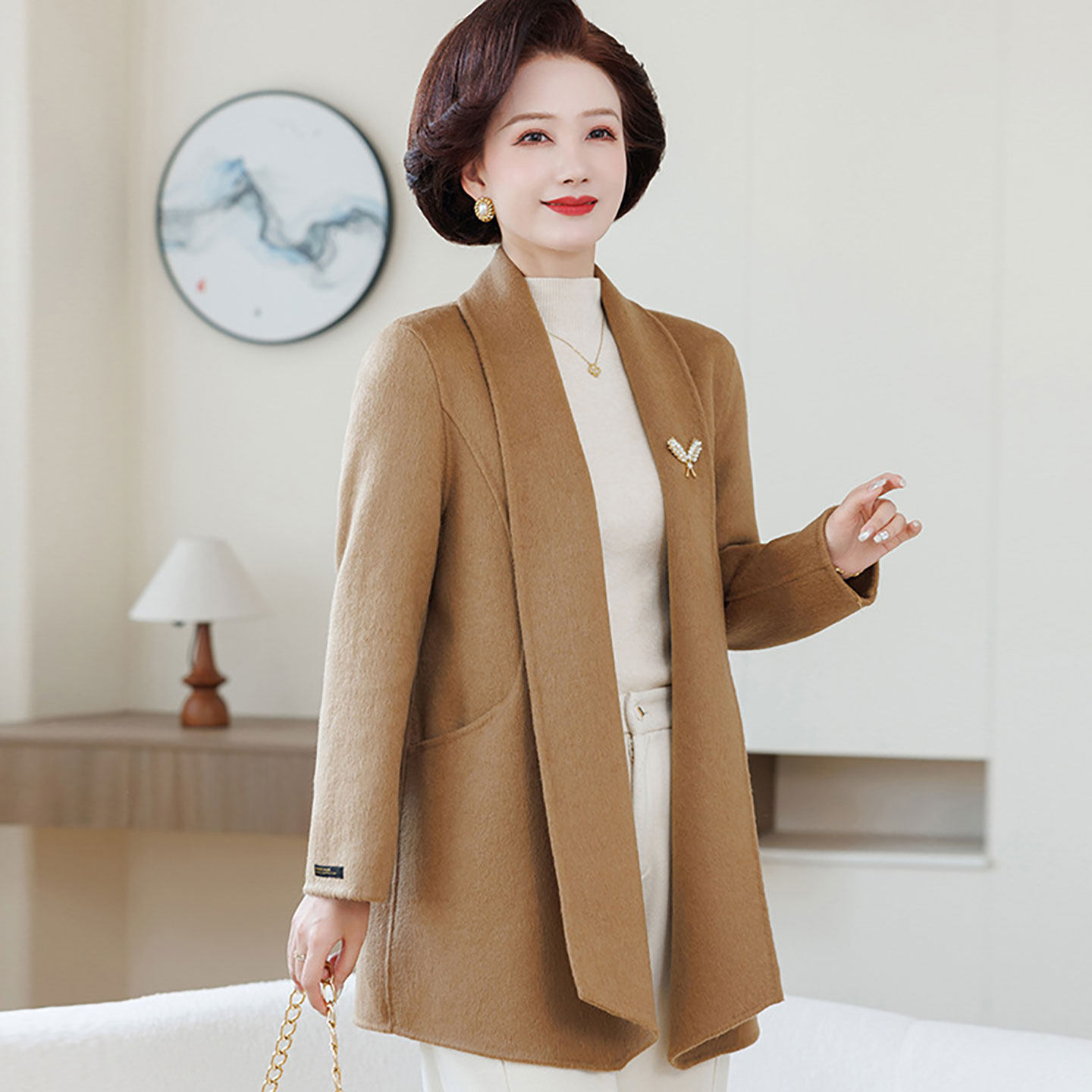 秋冬毛呢外套女中年妈妈装中长款红色开衫气质简约双面羊毛大衣