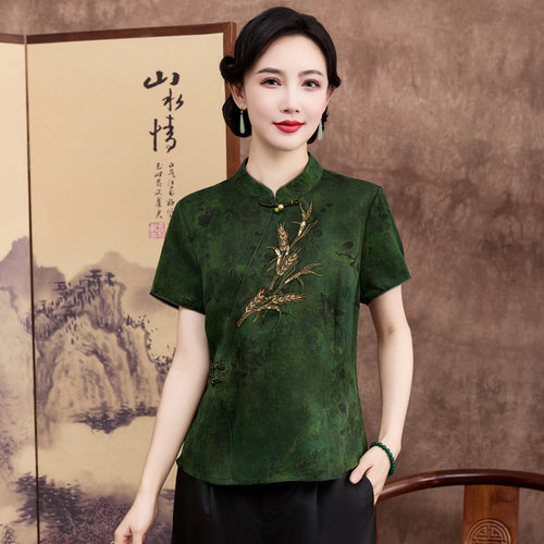 新中式桑蚕丝盘扣修身女T恤上衣