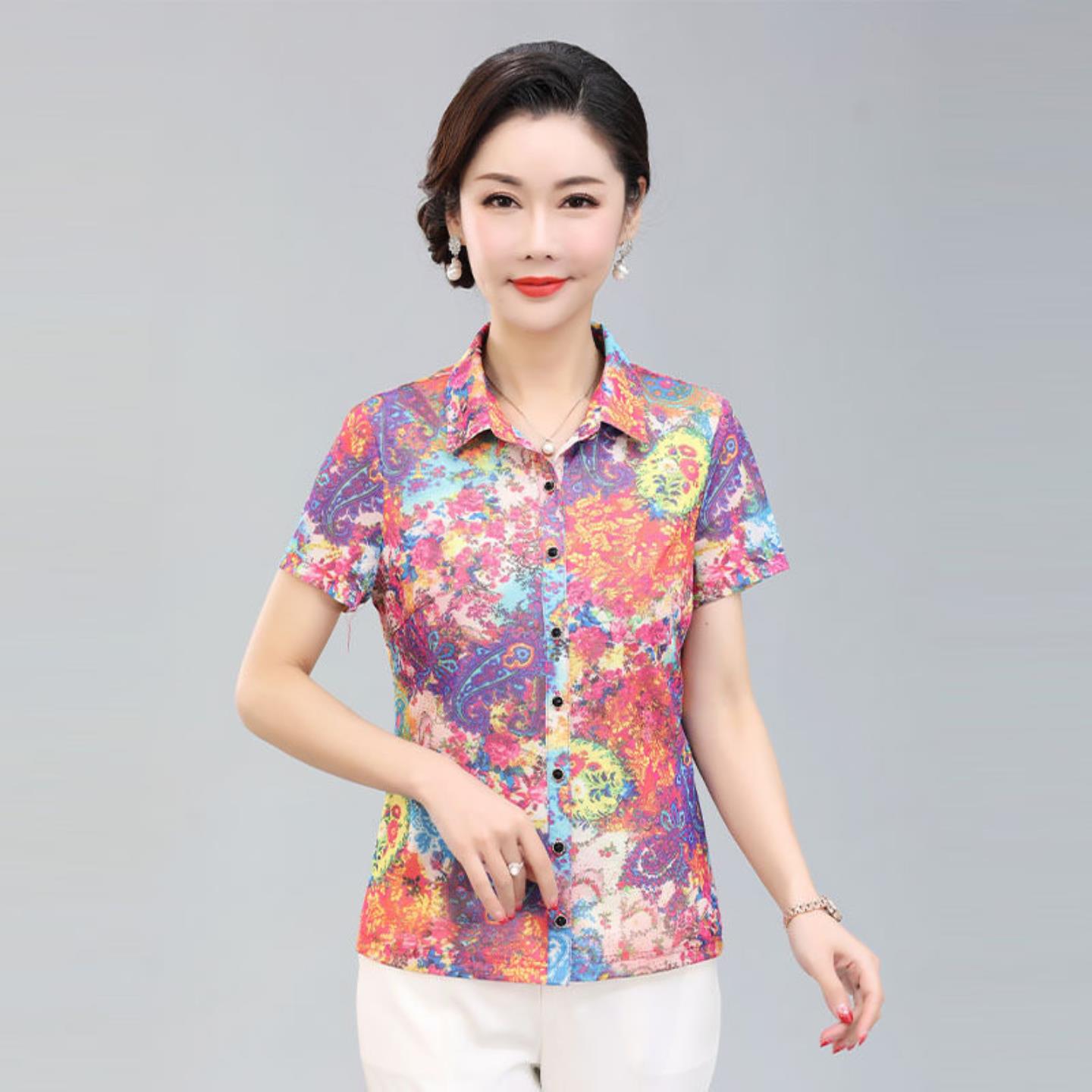妈妈装夏装短袖上衣台湾网纱衬衫
