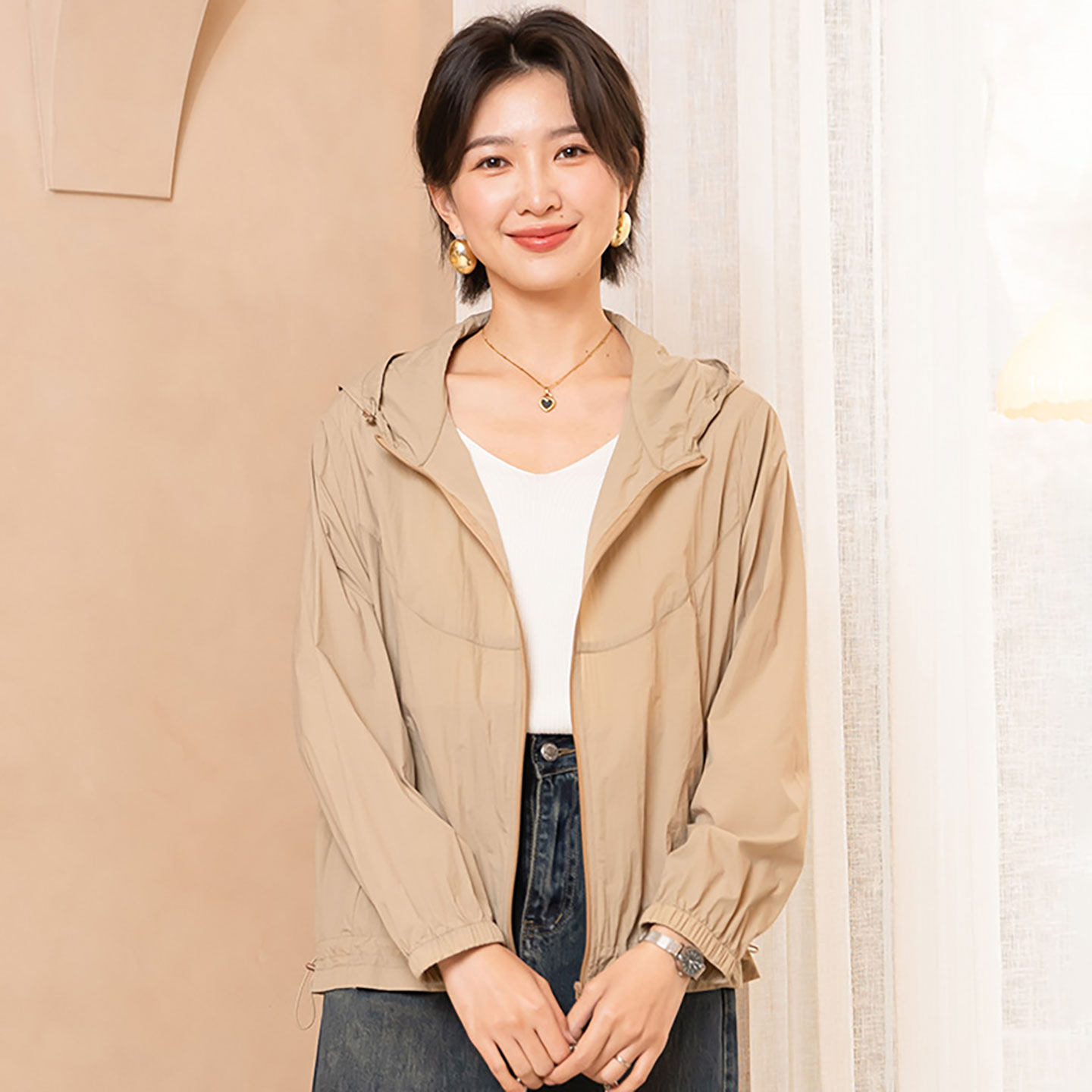 韩式薄款连帽拉链宽松防晒外套女