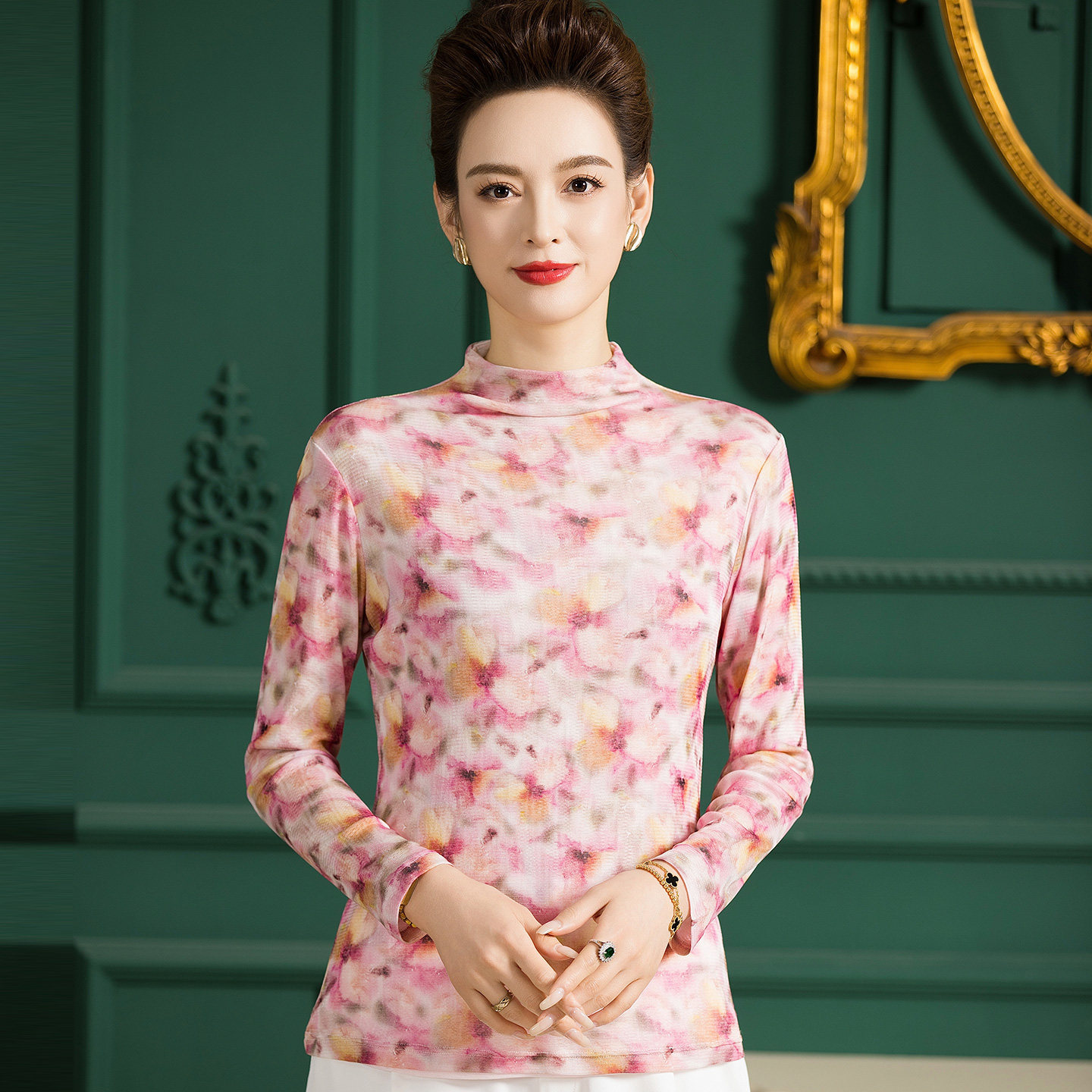 半高领印花网眼真丝长袖T恤女2026春季新款中老年桑蚕丝上衣薄款