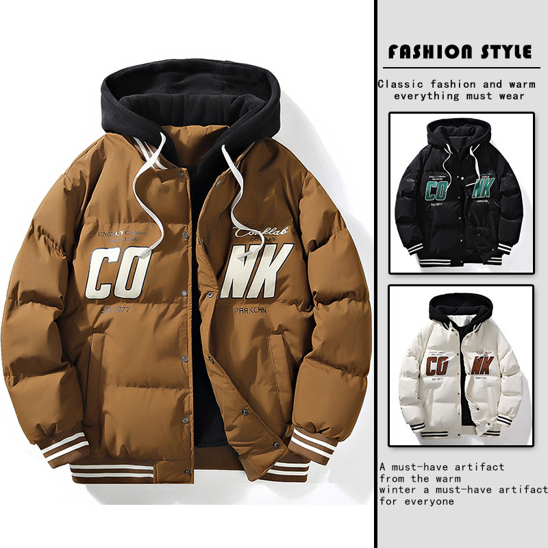 冬季新款潮牌连帽假两件棉衣男加厚保暖面包服潮A155-JYM01-TP108,男装棉衣,电商A155