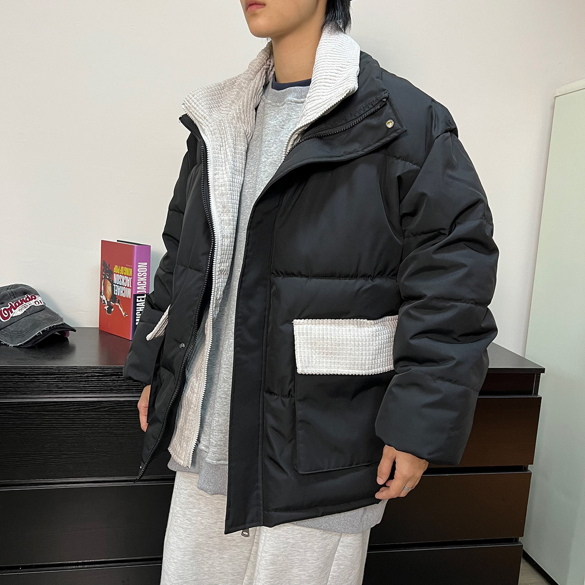 2024冬季假两件棉服港风休闲宽松潮流外套情侣棉衣A155-MM21-TP50,男装棉衣,电商A155