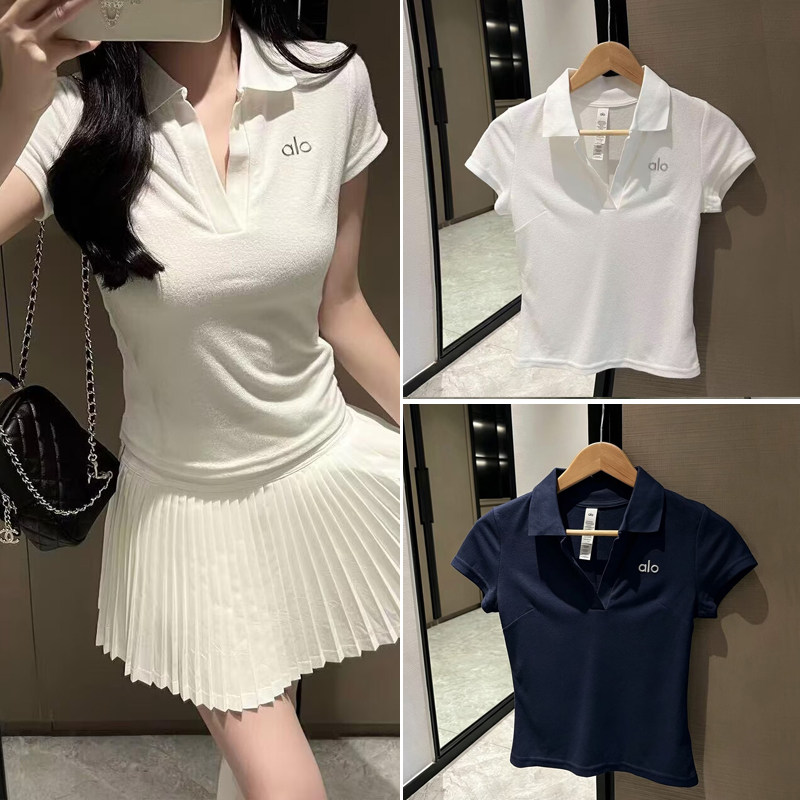 美国代购ALO 短袖POLO衫 女士翻领T恤正肩修身显瘦纯色上衣夏季