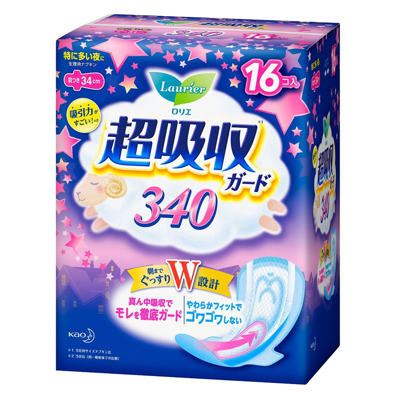日本原装正品进口花王卫生巾340mm夜用无荧光剂棉柔乐而雅16片