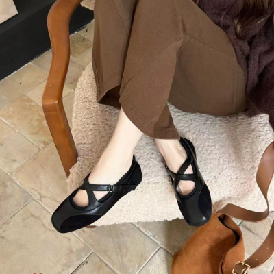 冰洁秋新方头平跟绑带玛丽珍鞋女