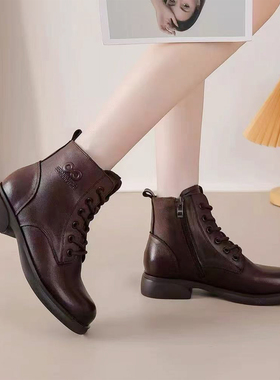 冰洁女鞋2025冬季新款真皮绒里低跟圆头短靴子英伦风马丁靴25161