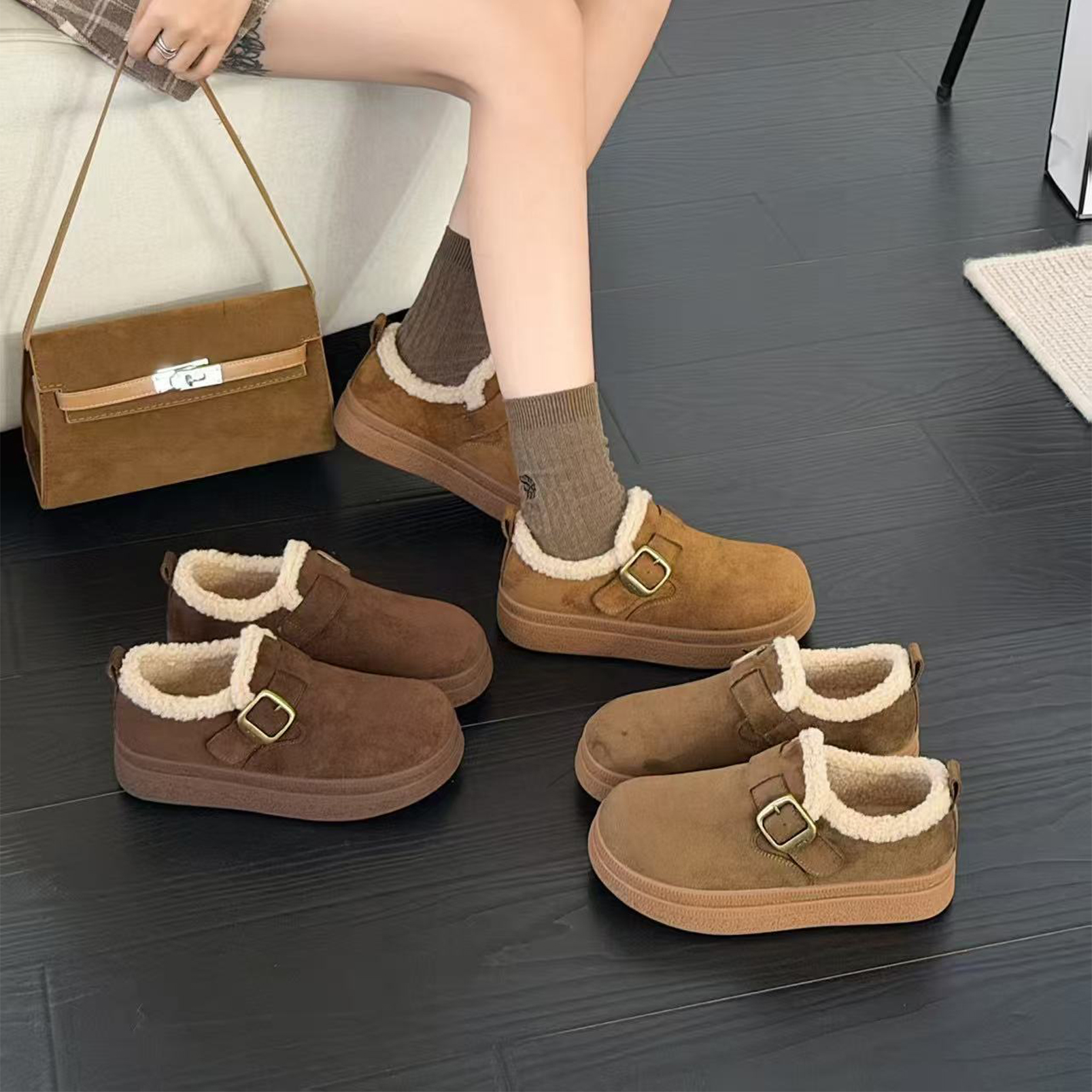 冰洁冬季新款加绒保暖厚底勃肯鞋