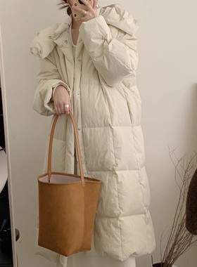 韩版长款羽绒服女2024冬季新款宽松版白色白鸭绒过膝连帽加厚外套