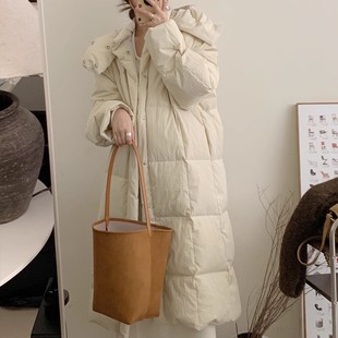 宽松版 韩版 新款 羽绒服女2024冬季 白色白鸭绒过膝连帽加厚外套 长款