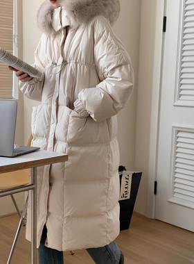 长款大毛领加厚羽绒服女2024冬季新款宽松版90白鸭绒保暖过膝外套