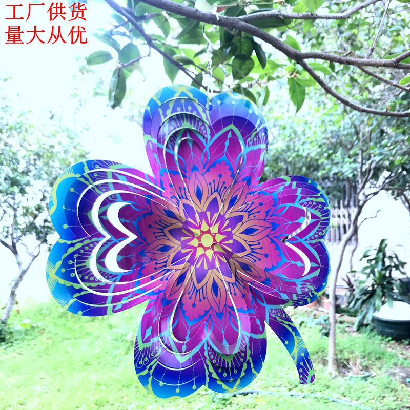 室内户外挂饰彩色园艺不锈钢挂饰3d旋转幸运四叶草风转风铃礼品