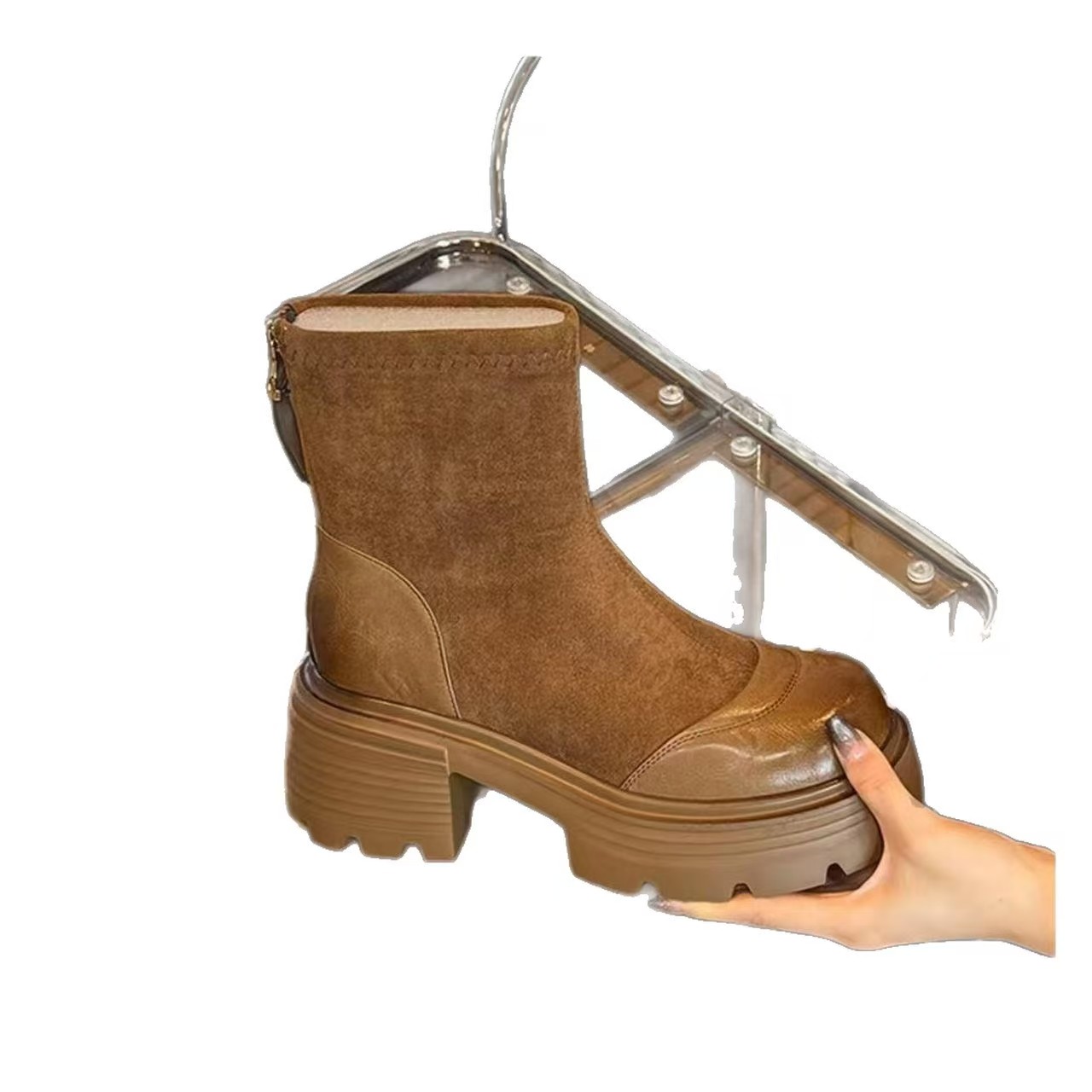 复古短筒马丁靴女2025秋冬新款英伦风小个子增高后拉链粗跟短靴子