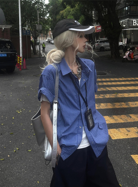 RBM 皇家蓝格纹抽绳短袖衬衫miu系夏季百搭boxy短宽版型男女上衣