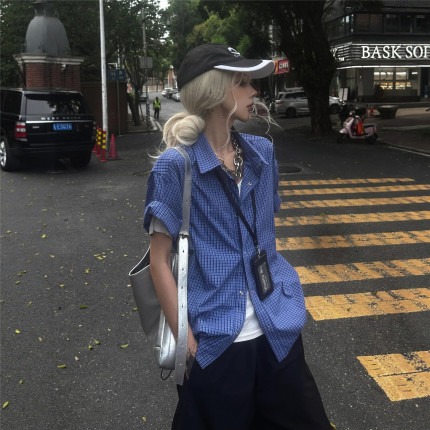 RBM 皇家蓝格纹抽绳短袖衬衫miu系夏季百搭boxy短宽版型男女上衣