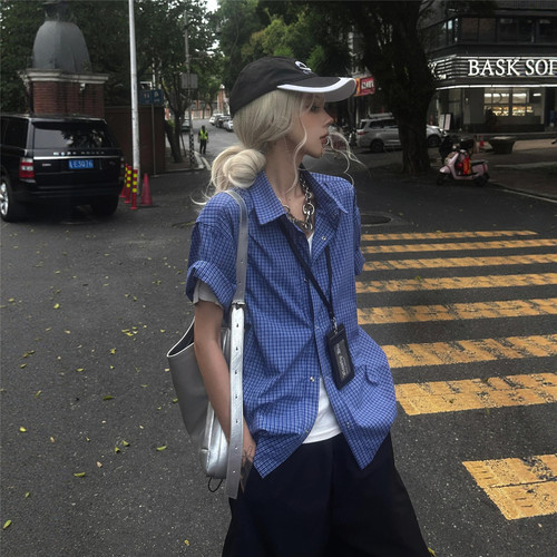 蓝格子立体高级感短袖衬衫miu系