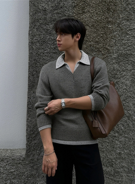 RuleByMe 人夫感高智穿搭假两件V领仿羊绒polo针织衫软糯老钱毛衣