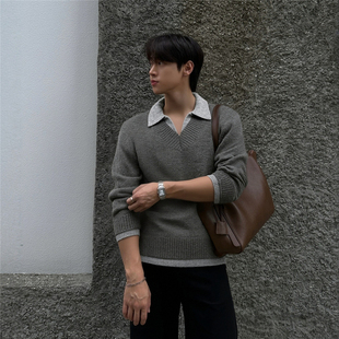 RuleByMe 软糯老钱毛衣 人夫感高智穿搭假两件V领仿羊绒polo针织衫