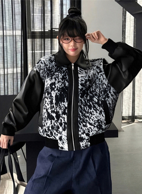 RULE BY ME 美式豹纹拼接cleanfit外套男女短款PU皮棒球服夹克