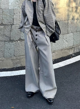 RULE BY ME 千鸟格复合打褶排扣a字阔腿西裤老钱风cleanfit休闲裤