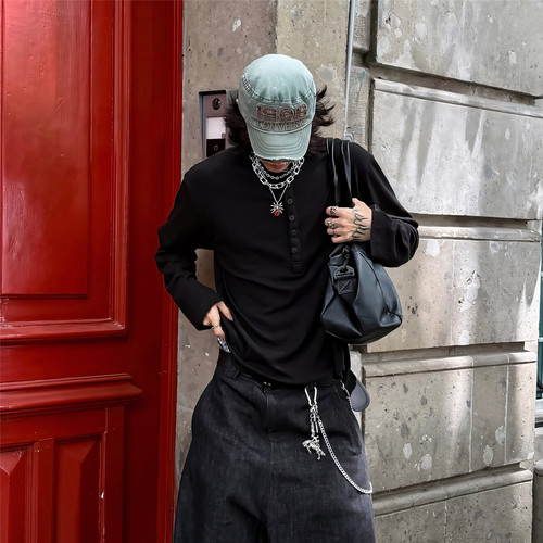 RBM极简松弛老钱风亨利领长袖T恤