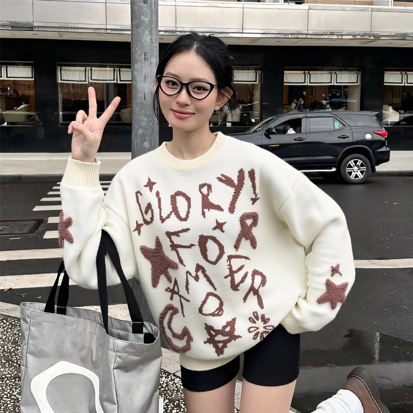 RBM美式学院风软糯慵懒涂鸦毛衣