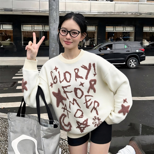 复古字母涂鸦提花圆领套头针织毛衣软糯慵懒宽松上衣 RULE
