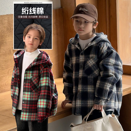 源源家童装2024新款儿童连帽棉服男童格子外套中大童上衣男孩衣服