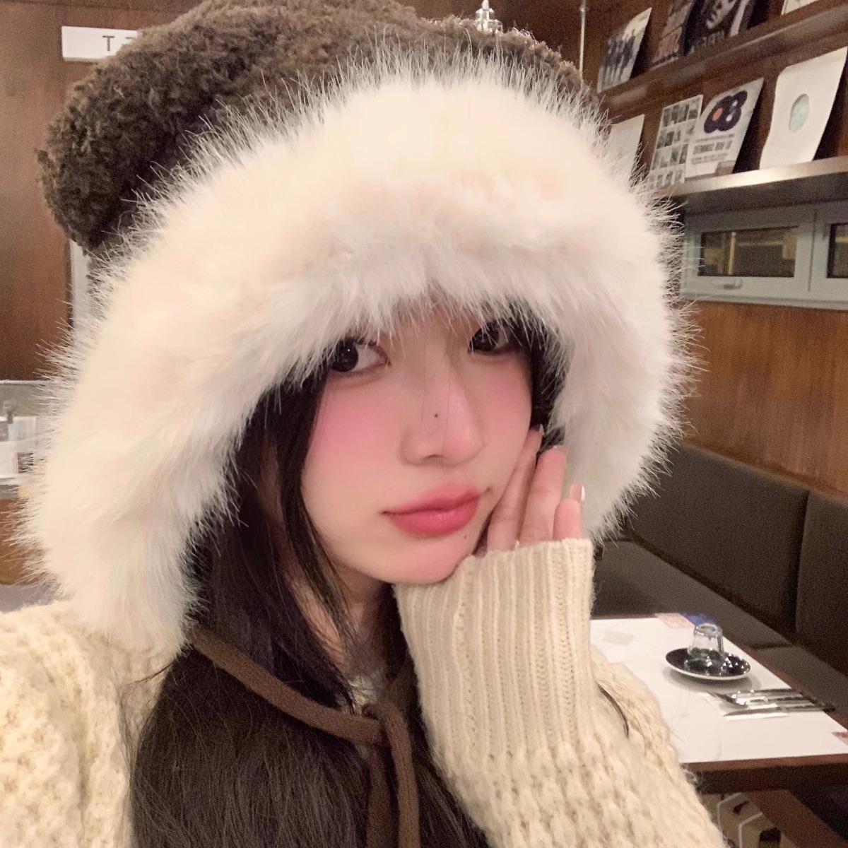 陈哈哈ha2023可爱毛绒绒小熊耳朵帽子女秋冬保暖护耳大头围雷锋帽