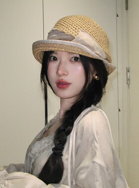 陈哈哈田园夏日~出口日系细纸草镂空渔夫帽防晒压褶贝雷帽盆帽女