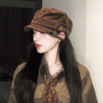 陈哈哈涩谷辣妹~高品质复古麂皮平顶马术帽秋冬显脸小时髦报童帽