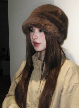 陈哈哈绒绒小熊~冬日皮毛一体加厚盆帽堆堆帽渔夫帽女百搭显脸小