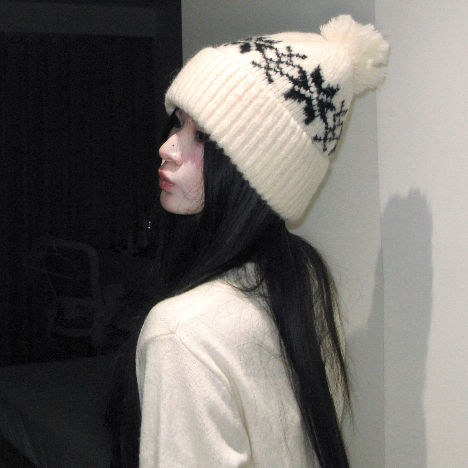 陈哈哈雪花精灵~复古费尔岛雪花针织毛线帽秋冬百搭冷帽保暖护耳