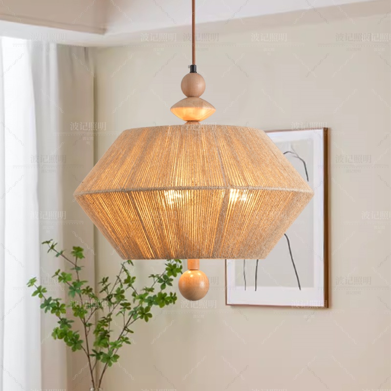 侘寂风卧室吊灯日式复古麻绳编织中古原木风客厅实木禅意餐厅灯具