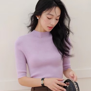 德国杨子纱100%美丽诺羊毛半高领针织衫女内搭中袖百搭显瘦打底衫